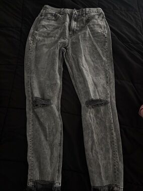 High-Rise Washed Black Ripped Mom Jeans